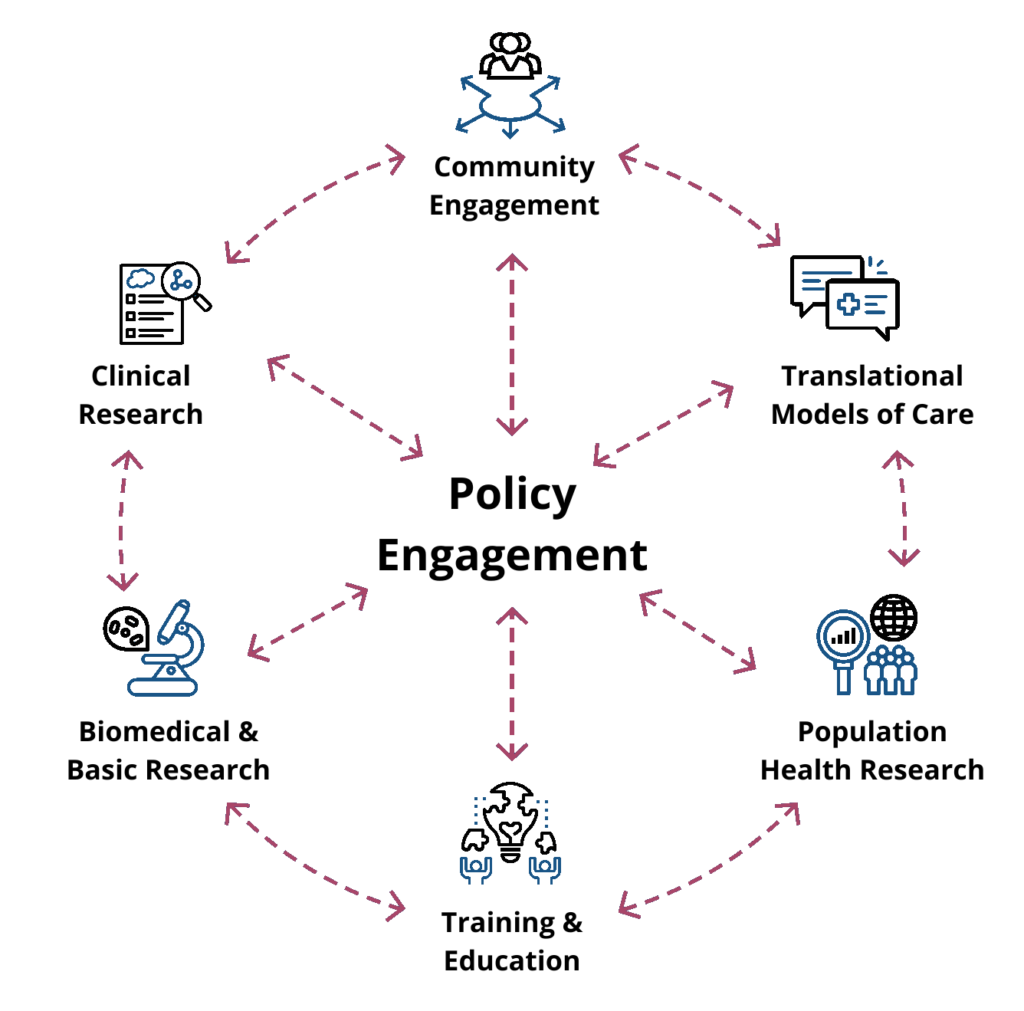 A wheel of icons with Policy Engagement in the center. The 6 surrounding icons depict: Community Engagement, Translational Models of Care, Population Health Research, Training & Education, Biomedical & Basic Research, and Clinical Research. There are arrows pointing between all the icons to Policy Engagement, as well as in a circle linking to each other.